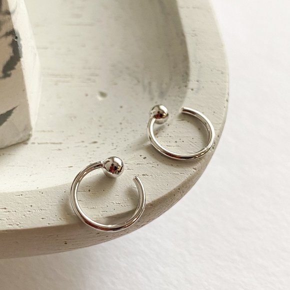 SILVER BALL HUGGIE HOOP EARRINGS - Picture 2 of 5
